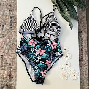 SO Black and White Striped Floral Kids Swimsuit